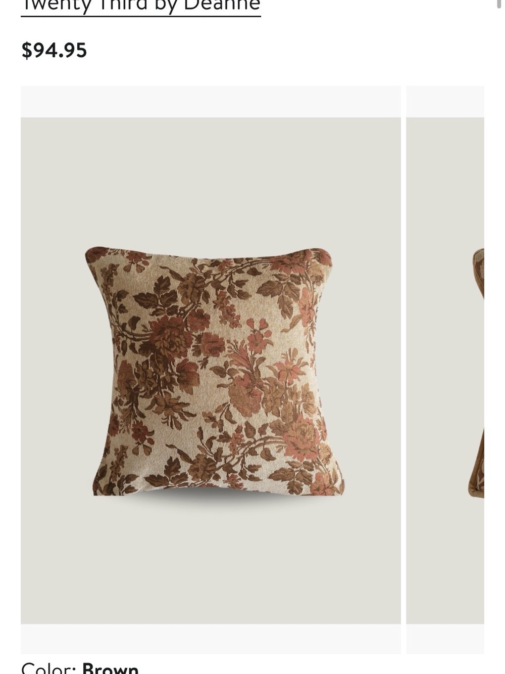 Twenty Third By Deanne - Pillow Cover for Brown Floral Pillow 22x22 NWOT